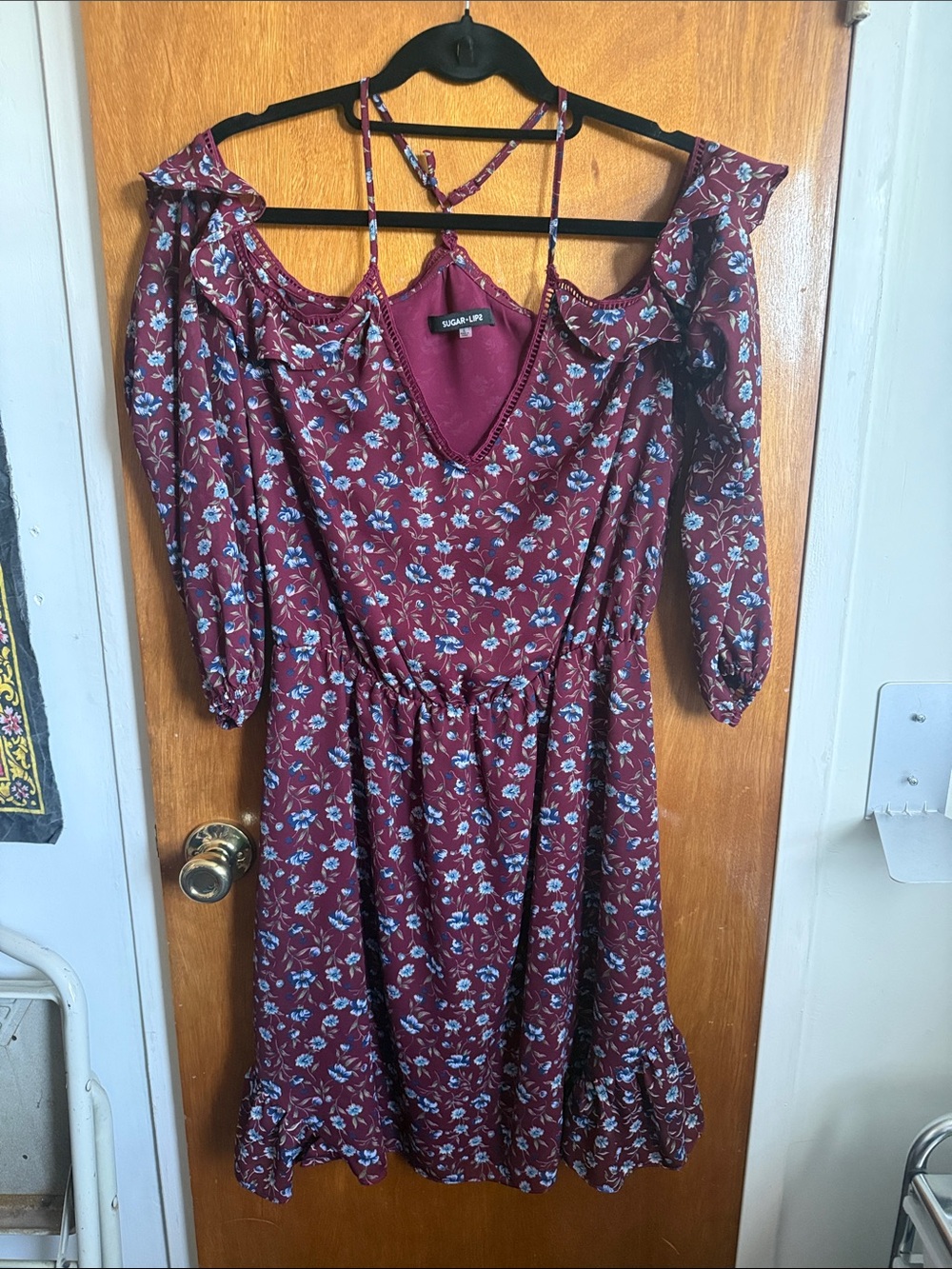 Sugarlips Maroon Floral Cold-Shoulder Midi Dress